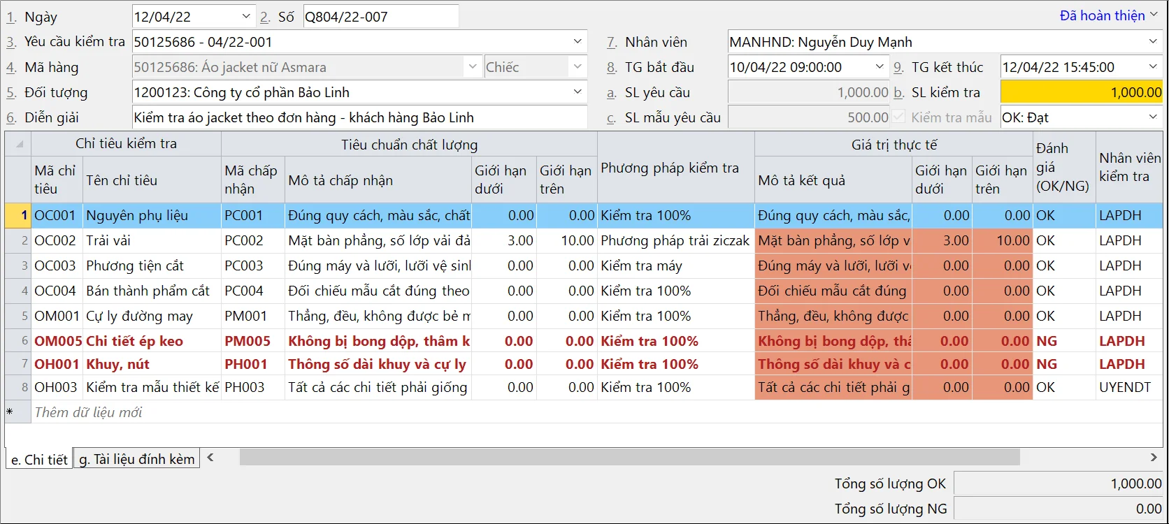 Phiếu Kiểm tra chất lượng sản phẩm sản xuất Giao diện Phiếu Kiểm tra chất lượng sản phẩm sản xuất